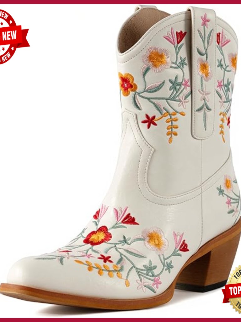 Women's Embroidered Cowgirl Boots Snip Toe Western Boots Chunky Heel Pull On